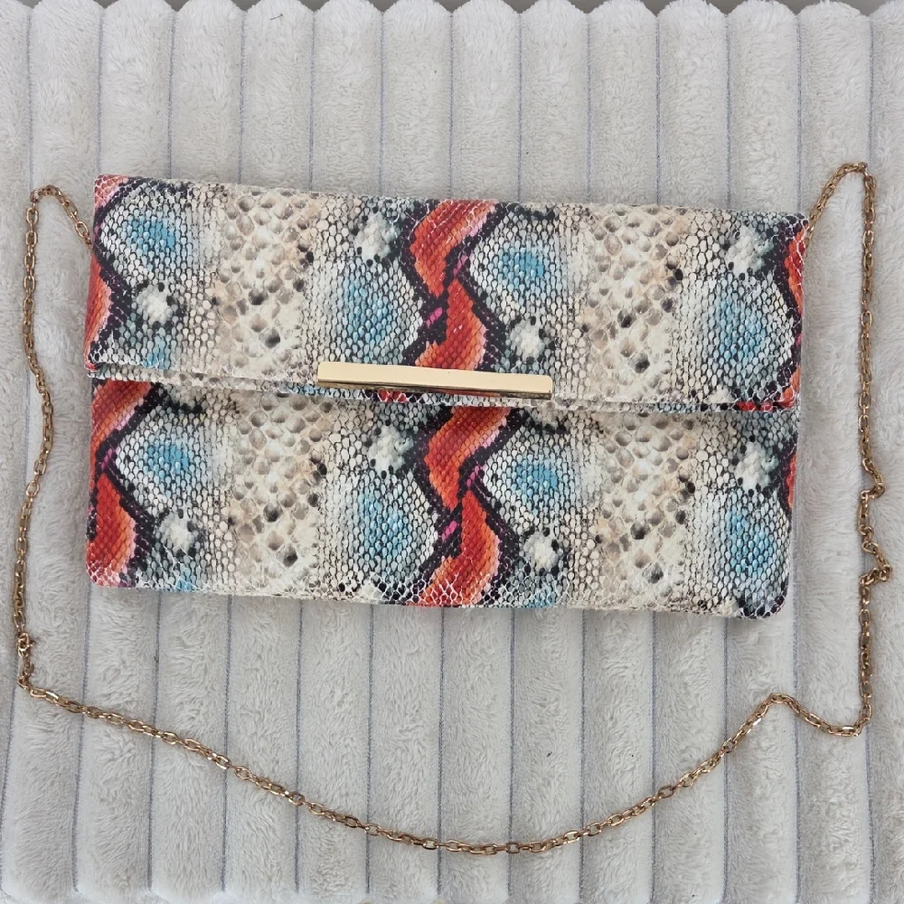 Snake-Print Clutch with Gold Chain - Multicolor